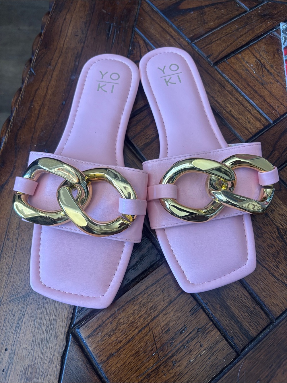 Yoki Pink Slide Sandals with Gold Chain Detail